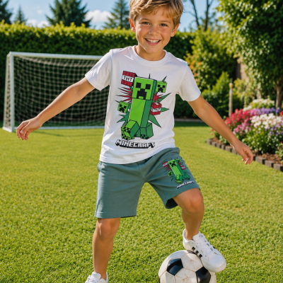 Menino com roupa verde e branca com estampa Minecraft a jogar futebol no jardim