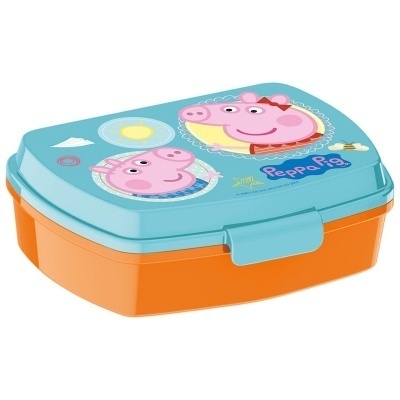 Pote de plástico com tampa azul e base laranja decorado com Peppa Pig e George Pig