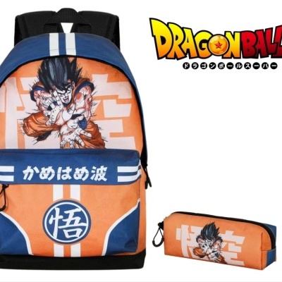 Mochila e estojo Dragon Ball, cor azul e laranja, com personagem e texto em japonês