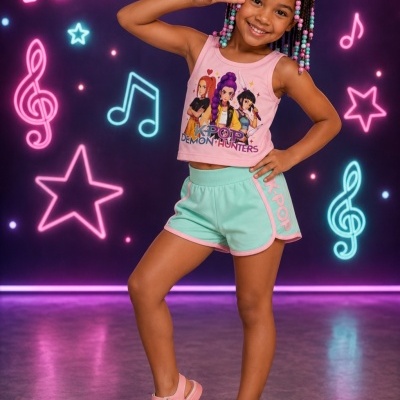 Menina com roupa K-POP e fundo de néon com texto e desenhos musicais
