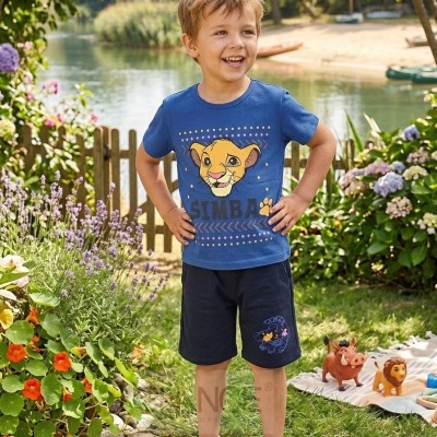 Menino com camiseta azul do Simba e shorts pretos num jardim perto de lago