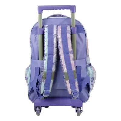 Mochila de roda roxa com tiras coloridas e rodas transparentes