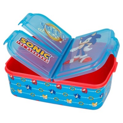 Marmita azul com tampa com imagem do Sonic e texto SONIC THE HEDGEHOG e parte interior vermelha com padrão de personagens.