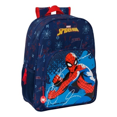 Mochila azul com tema Spider-Man e zíperes vermelhos