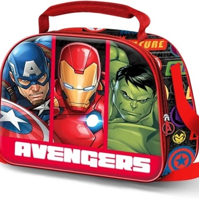 Mala vermelha com personagens Avengers e texto AVENGERS