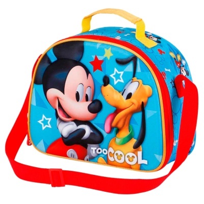 Saco infantil azul com personagens Mickey e Pluto e texto TOO COOL