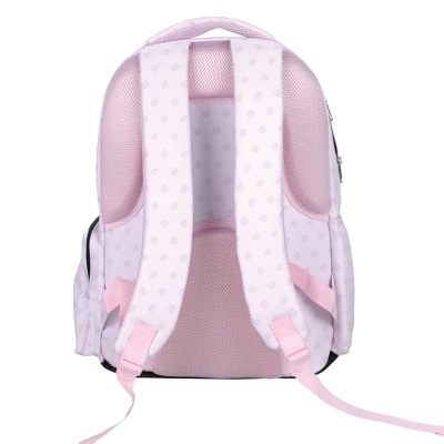 Mochila cor-de-rosa vista de trás com alças acolchoadas e malha respirável