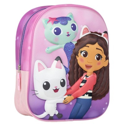 Mochila infantil rosa e lilás com personagens animados em relevo