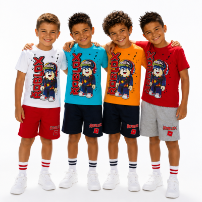 Quatro rapazes com t-shirts coloridas e calções com estampado Roblox