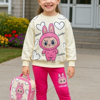 Menina com roupa rosa e creme com estampa de coelho e corações, segurando mala pequena com padrão igual