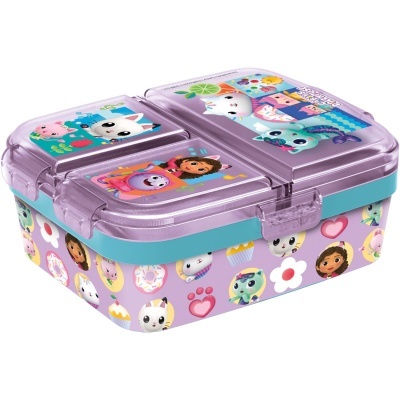 Lunch box infantil lilás com divisórias e personagens de desenhos animados