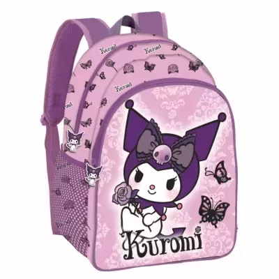 Mochila rosa e lilás Kuromi com personagem cartoon e borboletas
