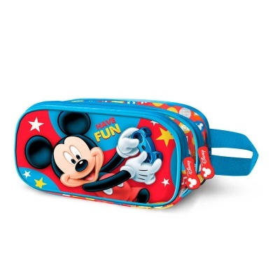 Estojo escolar azul com Mickey Mouse e texto HAVE FUN