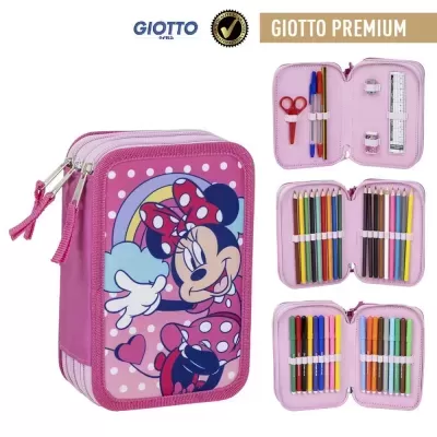 Estojo escolar rosa com a Minnie e material de escrita colorido organizado por dentro