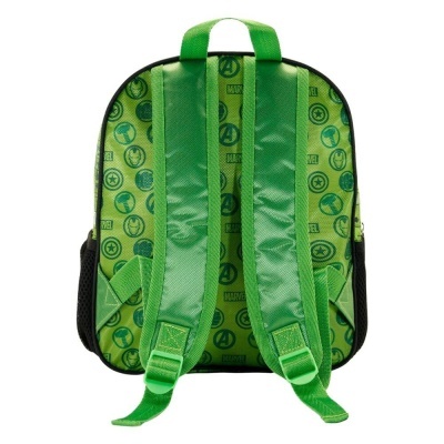 Mochila verde com símbolos da Marvel e alças verdes ajustáveis