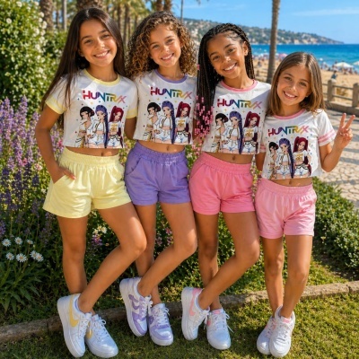 Quatro meninas vestidas com conjuntos coloridos com t-shirts crop e calções em ambiente de praia com flores e mar ao fundo.