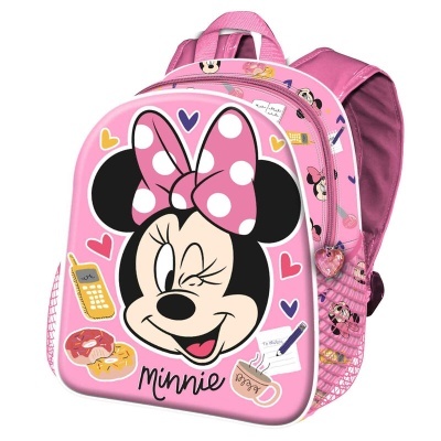 Mochila infantil rosa com estampa da Minnie Mouse e desenhos coloridos