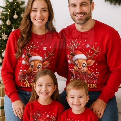Família com camisolas vermelhas de Natal com rena e texto Merry Christmas junto a árvore e grinalda