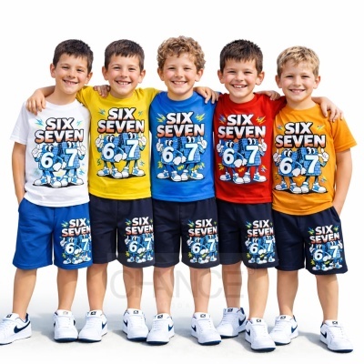 Cinco crianças com conjuntos de t-shirt coloridas e calções azuis escuros com estampas SIX SEVEN 6 7