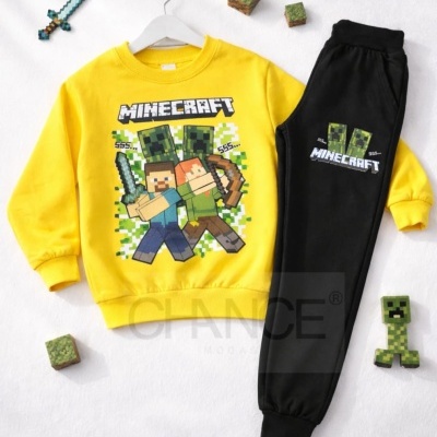 Conjunto de roupa infantil Minecraft amarelo e preto com personagens estampados