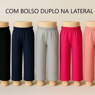 Calças coloridas com cintura elástica em manequins, texto COM BOLSO DUPLO NA LATERAL