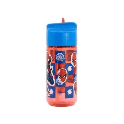 Garrafa infantil Homem-Aranha com tampa azul e decoração de teias e rostos do personagem