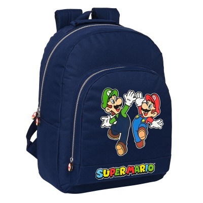 Mochila azul com estampa colorida dos personagens Super Mario