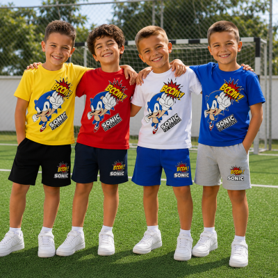 Crianças em campo desportivo usam conjuntos coloridos com estampa Sonic the Hedgehog.