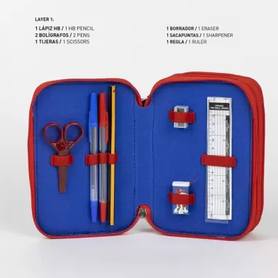 Estojo escolar azul aberto com lápis, canetas, tesoura, borracha, apontador e régua dentro
