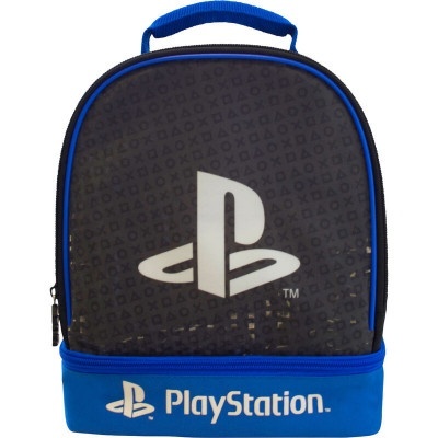 Mochila pequena PlayStation preta e azul com logotipo e padrão de botões