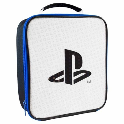Mala de transporte branca com logótipo preto da PlayStation e fecho azul