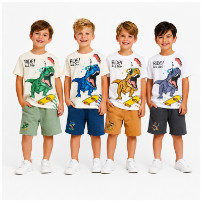 Crianças vestindo t-shirts claras com desenhos de dinossauros e calções coloridos
