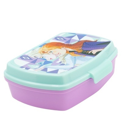 Marmita rosa com tampa azul clara e imagem das personagens Anna e Elsa