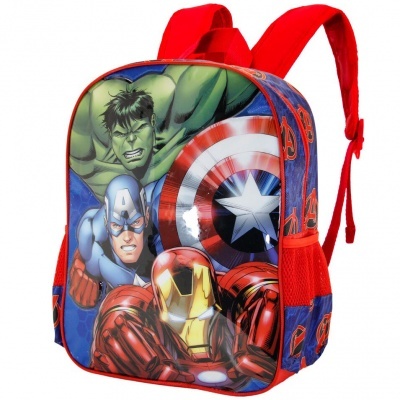 Mochila infantil com estampa dos super-heróis Hulk, Capitão América e Homem de Ferro.