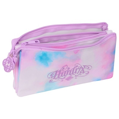 Estojo escolar em tecido tie-dye rosa, azul e lilás com logótipo Huntix e fecho zipper.