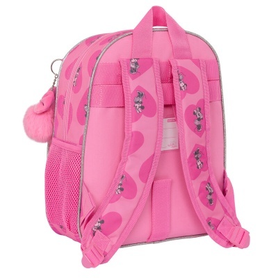Mochila rosa com alças decoradas da Minnie Mouse e chaveiro felpudo