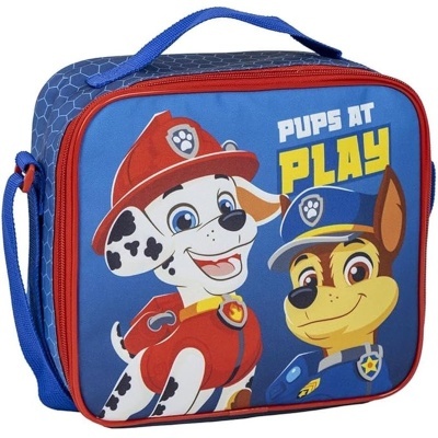 Mala isotérmica azul com personagens da Paw Patrol e texto PUPS AT PLAY