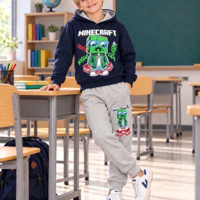 Menino com conjunto Minecraft azul e cinza em sala de aula
