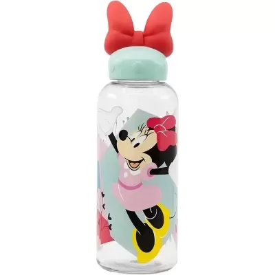 Garrafa plástica transparente com tampa azul e laço vermelho, decorada com Minnie Mouse em rosa e amarelo