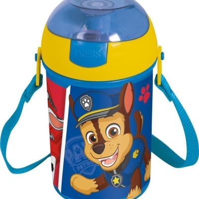 Garrafa infantil azul e amarela com personagem Paw Patrol e alça azul
