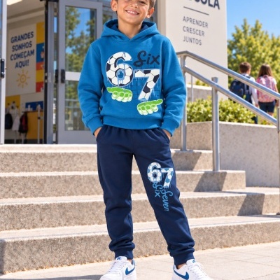 Menino com roupa desportiva azul à frente de escola