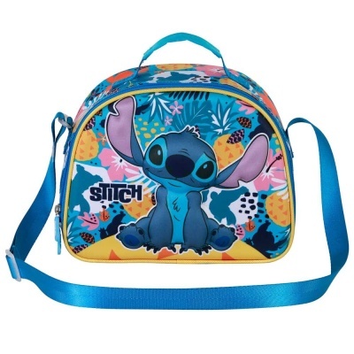 Mala infantil Stitch com alça azul e padrão colorido