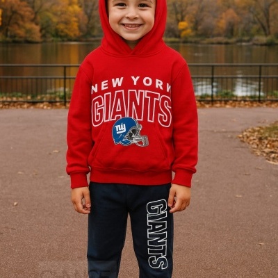 Menino em parque com hoodie vermelho dos New York Giants e calças pretas com texto Giants