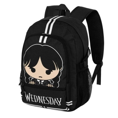 Mochila preta com desenho cartoon e texto WEDNESDAY