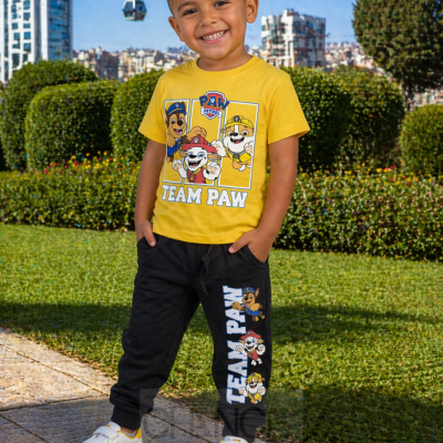 Criança com roupa Paw Patrol num parque com edifícios ao fundo.