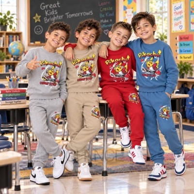 Quatro crianças com fatos de treino coloridos com estampa Pikachu em sala de aula
