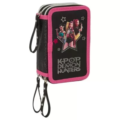 Estojo preto e cor-de-rosa com personagens e texto KPOP DEMON HUNTERS