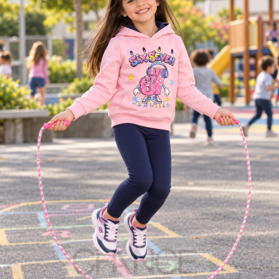 Menina a saltar à corda com roupa colorida num parque infantil