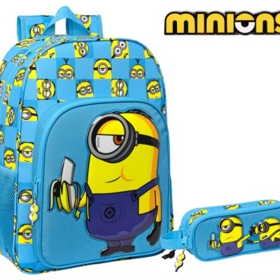 Mochila azul e estojo com estampado de Minions amarelos