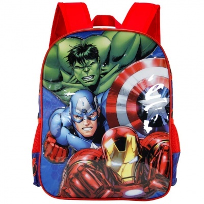Mochila infantil com imagem dos super-heróis Hulk, Capitão América e Homem de Ferro.